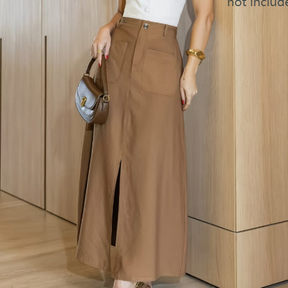 Solid Color Women's High-Waisted A-Line Skirt - No Belt Needed, with Pockets, Machine Washable Non-Stretch Fabric for Spring Summer Fall, Office & Casual Wear