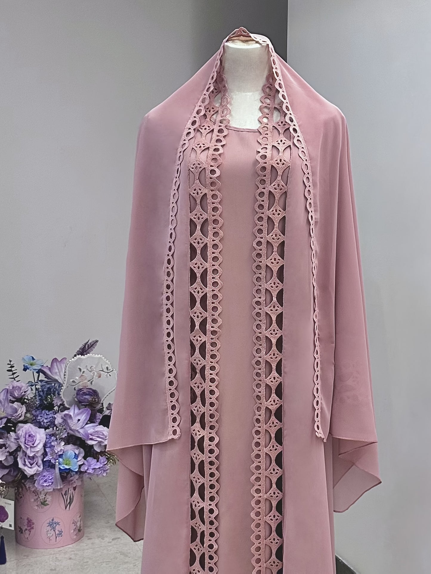 Middle Eastern Muslim Fashion Long Sleeve Embroidered Contrast Lace Patchwork Abaya Dress and Hijab Three-Piece Set