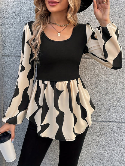 Women'S Chic Black & White Abstract Print Blouse - Long Sleeve Square Neck Top, All-Season Everyday & Formal Shirt for Women - Non-See-Through Office Party Blouse, Versatile Clothing, Nontransparent Fabric, Work Attire, Styli