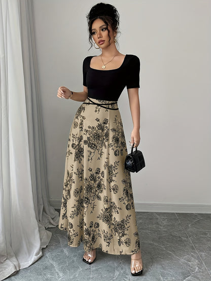 Retro Square Neck Short Sleeved Printed High Waisted And Stylish Elegant Dress