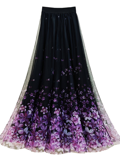 A Long Skirt That Flatters The Figure, Concealing Imperfections, Made of High-Quality Three-Layer Mesh Fabric with Floral Prints, Featuring a High Waist And a Flared Design.