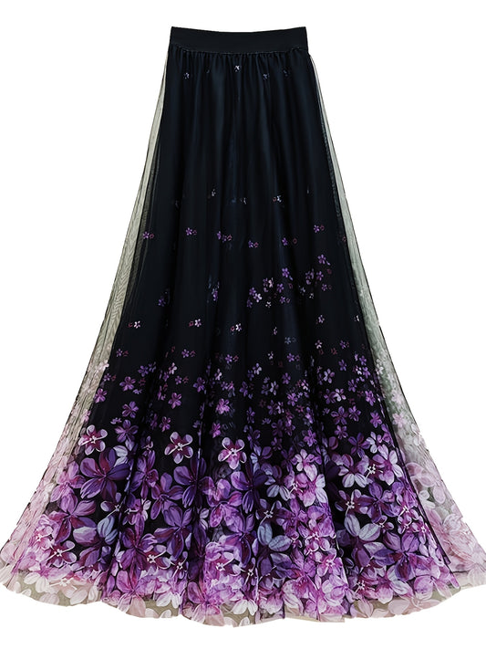 A Long Skirt That Flatters The Figure, Concealing Imperfections, Made of High-Quality Three-Layer Mesh Fabric with Floral Prints, Featuring a High Waist And a Flared Design.