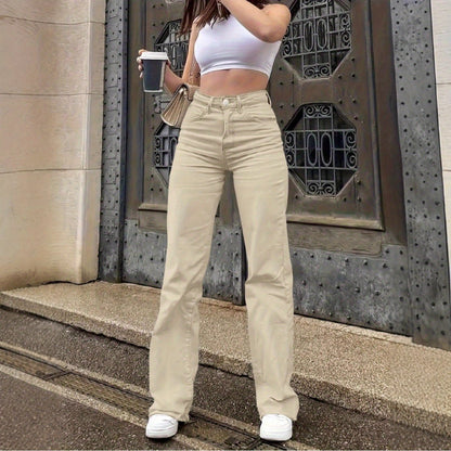 Women'S High-Waisted Straight-Leg Jeans - Stretch Denim with Pockets, Beige, Casual & Workplace Style, Mid-Rise, Flared Design, Perfect for Spring Commuting, High Waisted Jeans