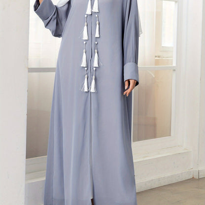 Elegant Gray Long Sleeve Tassel Cardigan - Women’s Loose Fit Caftan Gown for All Seasons, Casual Polyester Robe with Draped Design, Machine Washable