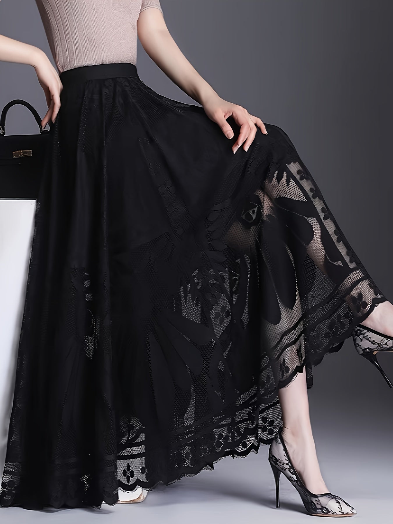 Elegant Women's A-Line Lace Skirt - Long Pleated Design with Intricate Floral Patterns, Lightweight Polyester, Ideal for Spring/Summer/Fall Events, Spring Summer Fashion|Aline Skirt|Polyester Fabric