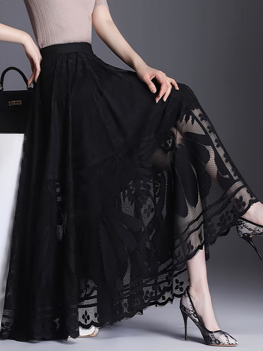 Elegant Women's A-Line Lace Skirt - Long Pleated Design with Intricate Floral Patterns, Lightweight Polyester, Ideal for Spring/Summer/Fall Events, Spring Summer Fashion|Aline Skirt|Polyester Fabric