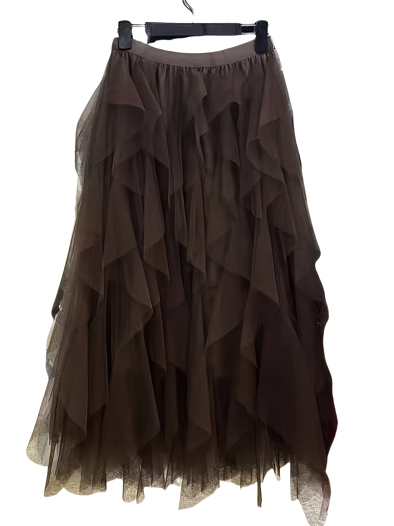 Chic Elegance, Elegant High-Waist A-Line Tulle Skirt for Women - Chic Korean-Style Spring Collection, Sheer Brown Polyester with Delicate Mesh Layers, Perfect for Summer Skirt