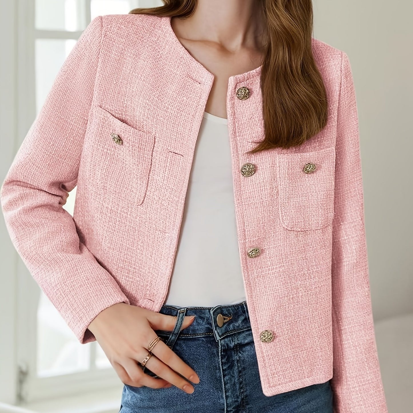 [Office Ready] Women's Elegant Purple Tweed Jacket - Long Sleeve Button Cropped Blazer with Pockets, Soft Polyester Fabric, Perfect for Fall/Winter Business Casual Style, Business Casual Wear | Buttonup Jacket | Textured Twee