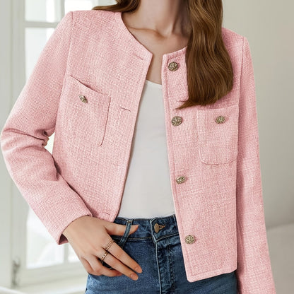 [Office Ready] Women's Elegant Purple Tweed Jacket - Long Sleeve Button Cropped Blazer with Pockets, Soft Polyester Fabric, Perfect for Fall/Winter Business Casual Style, Business Casual Wear | Buttonup Jacket | Textured Twee