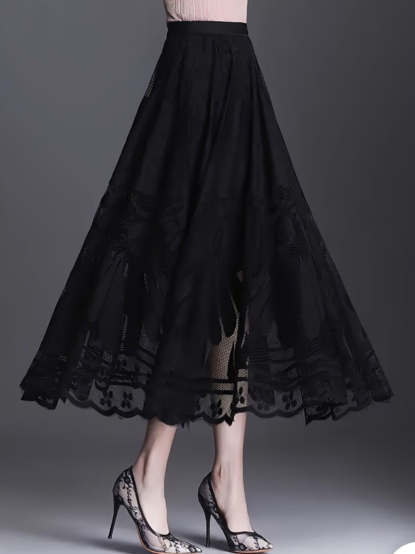 Elegant Women's A-Line Lace Skirt - Long Pleated Design with Intricate Floral Patterns, Lightweight Polyester, Ideal for Spring/Summer/Fall Events, Spring Summer Fashion|Aline Skirt|Polyester Fabric