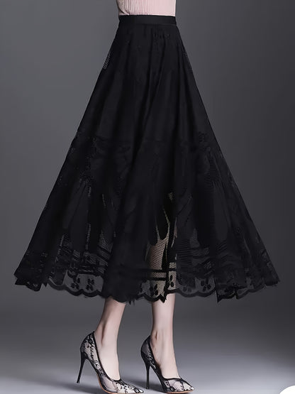 Elegant Women's A-Line Lace Skirt - Long Pleated Design with Intricate Floral Patterns, Lightweight Polyester, Ideal for Spring/Summer/Fall Events, Spring Summer Fashion|Aline Skirt|Polyester Fabric