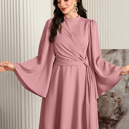 [Muslin Ramadan Dress] Ramadan Women's Evening Dress, Muslin Arabic Gown with Long Flared Sleeves, Stand Collar, Side Embellishments