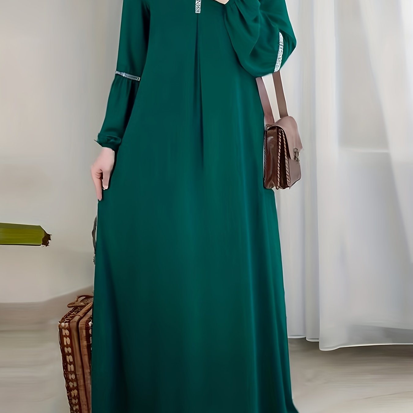 [Elegant Sequin Abaya Dress] Polyester Elegant Sequin Decorative Ladies Abaya Kaldan Dress - Humble Long Sleeves, Round Neck, Perfect For Spring/summer/fall