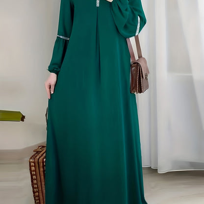[Elegant Sequin Abaya Dress] Polyester Elegant Sequin Decorative Ladies Abaya Kaldan Dress - Humble Long Sleeves, Round Neck, Perfect For Spring/summer/fall