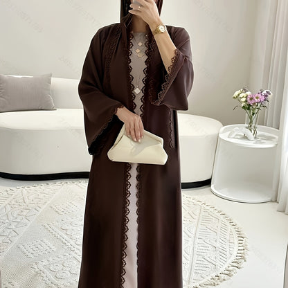 Middle Eastern Muslim Fashion Long Sleeve Embroidered Contrast Lace Abaya Dress with Hijab Three-Piece Set