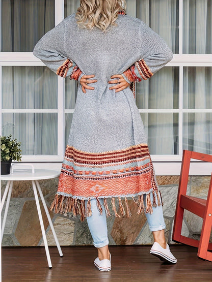 Women Boho Cardigan Sweater Long Open Front Maxi Knit Sweaters Aztec Tribal Tassel Fringe Thin Coat