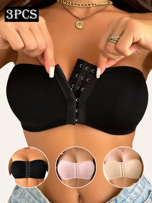 3pcs, Spring and Summer Style, Strapless, No Underwire, Front Closure, Removable Pads, Soft, Breathable, Comfortable, Anti-Displacement