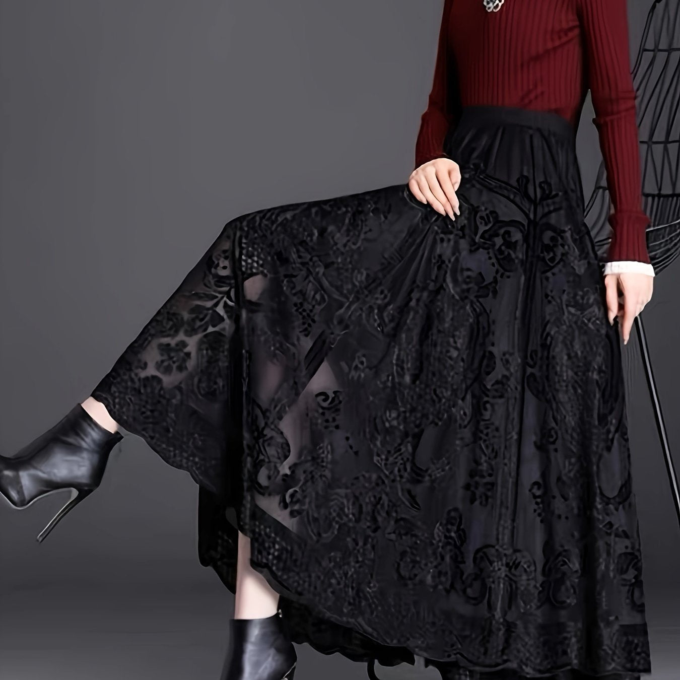 [Elegant Floral Lace Skirt] High-Waist A-Line Midi Skirt - Elegant Floral Lace, 100% Polyester Knit Fabric, Contrast Lace Detail - Women's, Spring/Fall Season