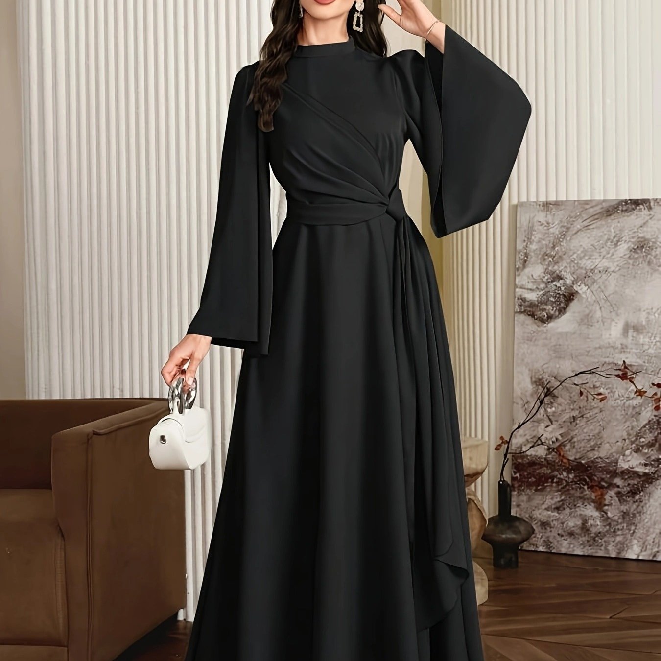 [Muslin Ramadan Dress] Ramadan Women's Evening Dress, Muslin Arabic Gown with Long Flared Sleeves, Stand Collar, Side Embellishments