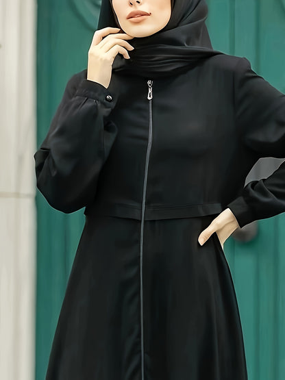 Elegant Zippered Long Robe 8033-1 for Women, 100% Polyester Solid Color, All-Season Long-Length Dress with Zipper Detail, Woven Fabric, 130g/m² Weight