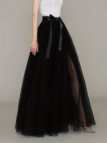 [Elegant Maxi Skirt] Red Elegant High-Waist Tulle Maxi Skirt | Asymmetrical Hem, Solid Color Polyester Lined, All-Season Mesh A-Line Skirt with Elastic Waistband, Formal Event Attire, Flowing Design, Polyester Lining