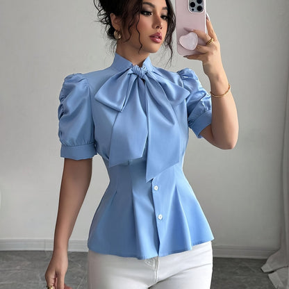 Women's Elegant Bowknot Waist Fold Blouse - Light Blue A-Line Smock Shirt with Puffed Sleeves, Structured Collar & Ruffled Trim, Machine Washable Solid Color Top for Spring Summer Fall Casual & Formal Outfits, Non-Stretch Fab