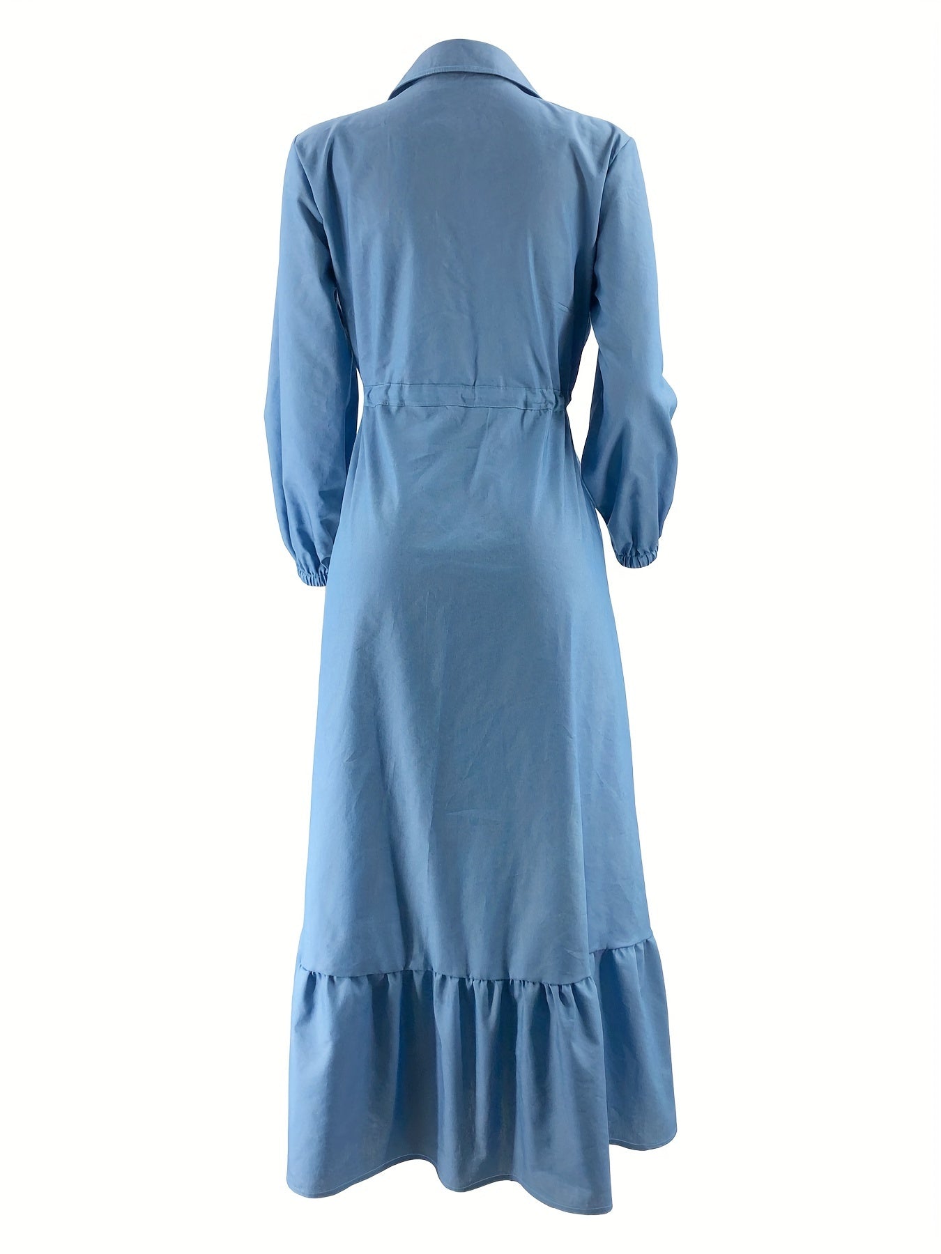 [Stylish Dress] Stylish Blue Women's Button-Up Dress | Long Sleeve, Ruffle Detail, Front Pocket, Drawstring Waist, Casual, All-Season - (Headscarf Not Included)