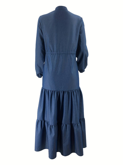 Ramadan Button Front Modest Dress, Elegant Long Sleeve Loose Maxi Dress, Women's Clothing