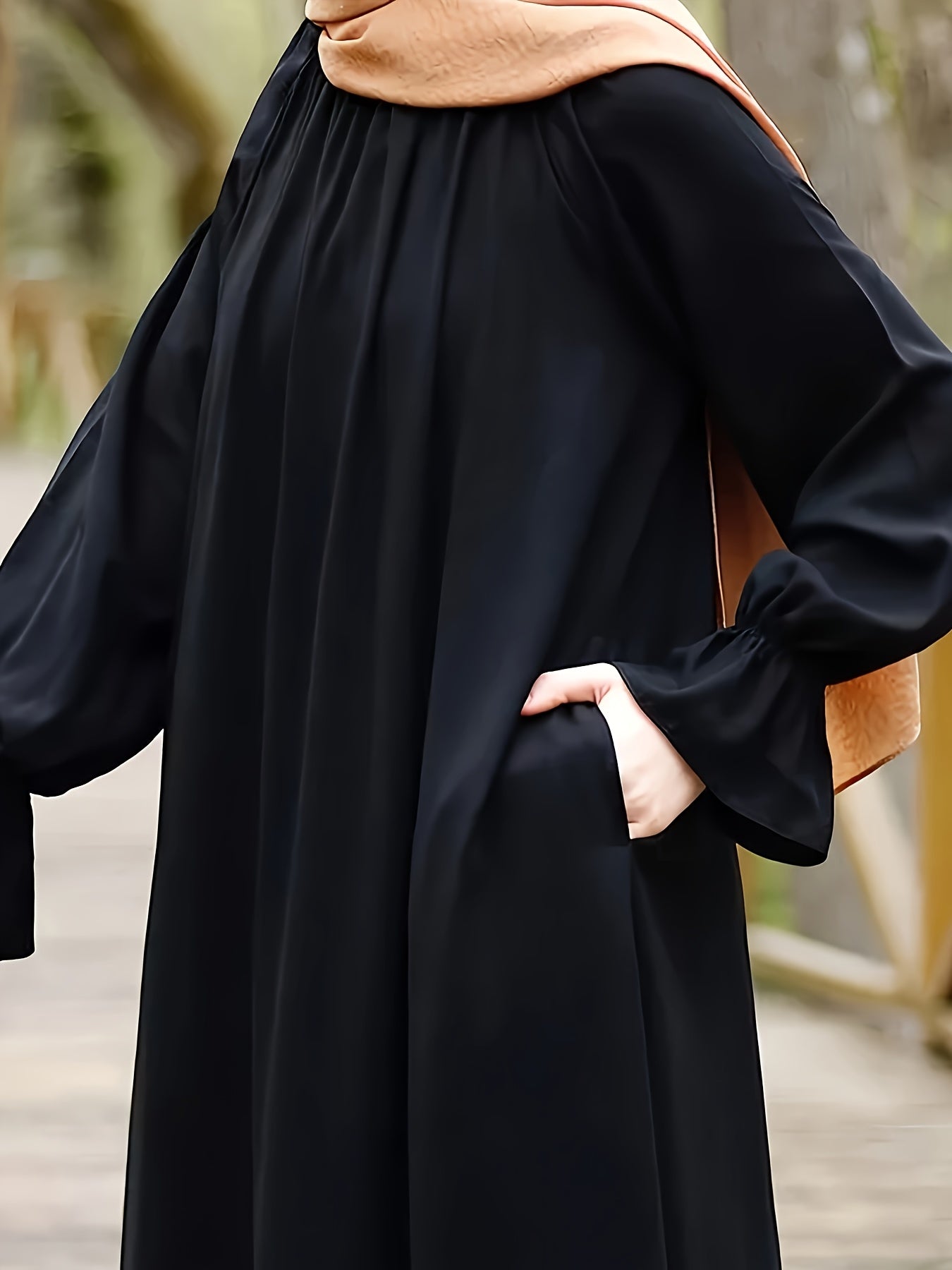 Women'S Navy Blue Long Tunic Dress with Puff Sleeves - Comfortable, Solid Color, All-Season Wear, Casual Style, Casual Attire | Puff Sleeve Top | Flowy Fabric