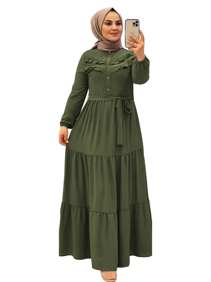 [Light Green Maxi Dress] Casual Light Green Polyester Maxi Dress - Elegant Solid Color with Ruffle Hem & Button Detail, Machine Washable - Hijab Not Included