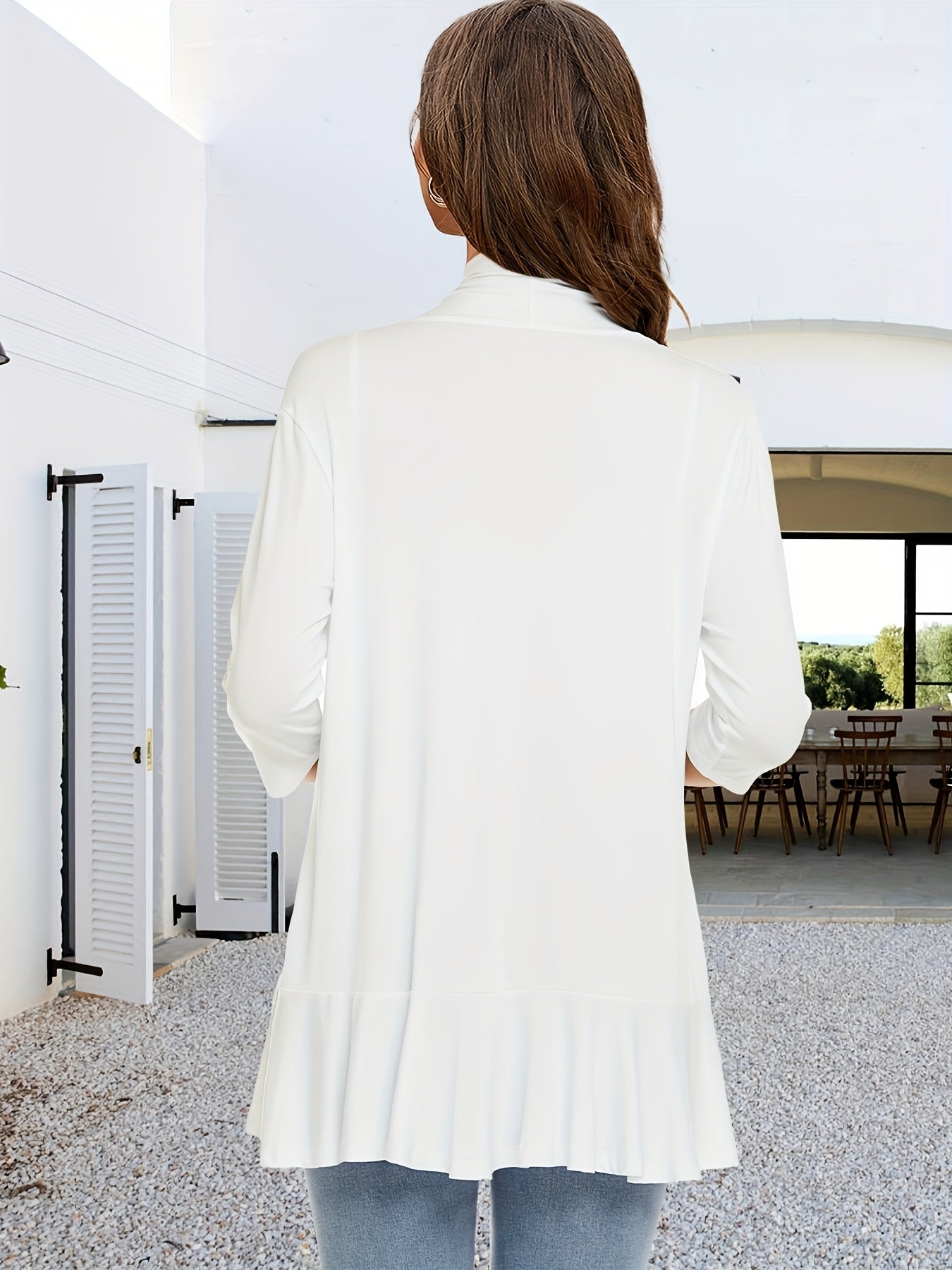 [Lightweight Ruffled Cardigan] Lightweight Women's Light Pink Ruffled Cardigan | Casual Open Front Sweater with Asymmetrical Hem, Long Sleeves, and Button Details for Fall & Winter
