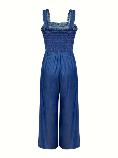 Women's One-piece Overalls Romper Smocked Front Wide Pants Jumpsuit