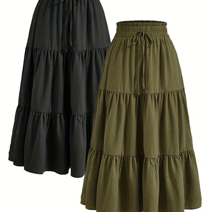 Women'S Two-Piece Solid Color Skirt Set - Black and Olive Green, Casual Style with Drawstring Waist, Elastic Ruffle Hem, Pleated Long Length, All-Season Wear, Casual Attire|Ruffle Hem Skirt|Drawstring Waist Skirt