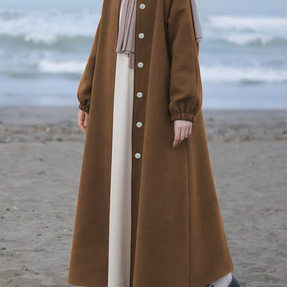 Elegant Women's Brown Hijab Hijab - Middle Eastern Style, Long Sleeve, Button-Up Maxi Kaftan Dress, Polyester & Spandex Blend, Machine Washable