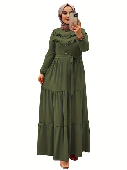[Light Green Maxi Dress] Casual Light Green Polyester Maxi Dress - Elegant Solid Color with Ruffle Hem & Button Detail, Machine Washable - Hijab Not Included