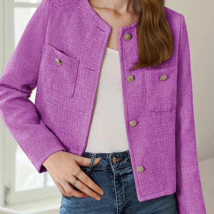[Office Ready] Women's Elegant Purple Tweed Jacket - Long Sleeve Button Cropped Blazer with Pockets, Soft Polyester Fabric, Perfect for Fall/Winter Business Casual Style, Business Casual Wear | Buttonup Jacket | Textured Twee