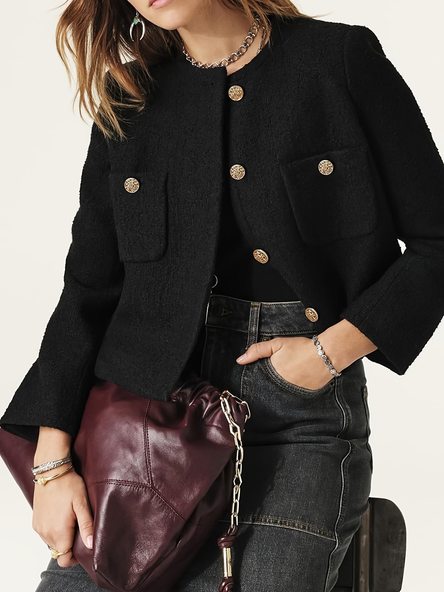 [Office Ready] Women's Elegant Purple Tweed Jacket - Long Sleeve Button Cropped Blazer with Pockets, Soft Polyester Fabric, Perfect for Fall/Winter Business Casual Style, Business Casual Wear | Buttonup Jacket | Textured Twee