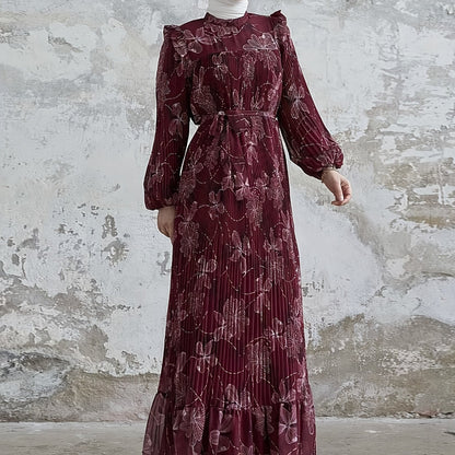 Stunning Floral Print Crew Neck Long Sleeve Abaya Dress - Elegant Ruffle Hem Maxi Length, Belted, Polyester, Machine Washable, Woven, Middle Eastern Style Womens Clothing for All Seasons