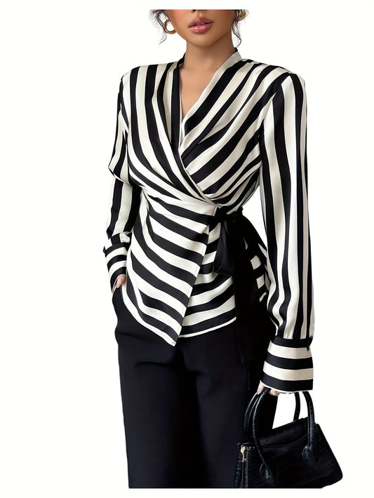 [Stylish, Button-Up Shirt] Stylish, Versatile Women's Long Sleeve Button-Up Shirt - V-Neck, Black & White Striped Pattern, Regular Fit, All-Season Top for Casual or Formal Wear