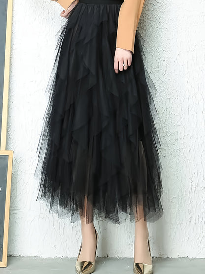 Chic Elegance, Elegant High-Waist A-Line Tulle Skirt for Women - Chic Korean-Style Spring Collection, Sheer Brown Polyester with Delicate Mesh Layers, Perfect for Summer Skirt