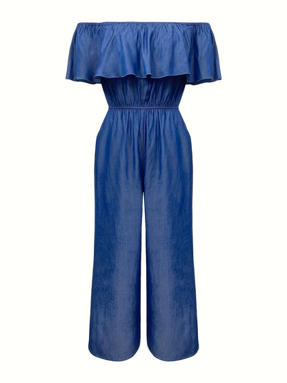 SCACTO Women'S Elegant Off-Shoulder Tie Waist Jumpsuit - Wide Leg Long Pants Romper with Ruched Detail, Solid Color Spring/Fall Fashion, Versatile for Casual or Formal Occasions, Evening Wear, Offshoulder Design, Sophisticate