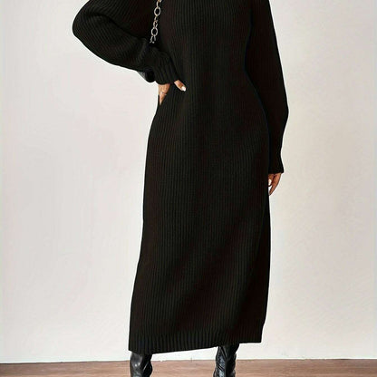 Women'S Long Sleeve Turtleneck Sweater Dress, Elegant Solid Color, Polyester, Autumn/Winter Fashion, Adult Size, Ultra-Long Length