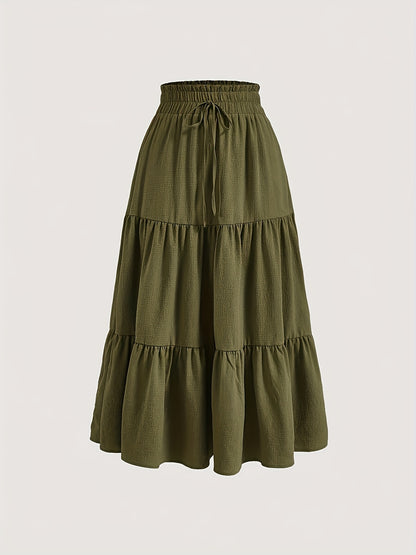 Women'S Two-Piece Solid Color Skirt Set - Black and Olive Green, Casual Style with Drawstring Waist, Elastic Ruffle Hem, Pleated Long Length, All-Season Wear, Casual Attire|Ruffle Hem Skirt|Drawstring Waist Skirt