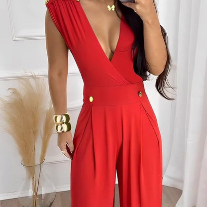[Everyday Elegance] Elegant Sleeveless V-Neck Jumpsuit for Women - High Waist, Wide Leg, Full Length Romper with Golden Button Details, Black, Casual to Dressy Outfit for Everyday or Special Occasions, Versatile Outfit | Gold