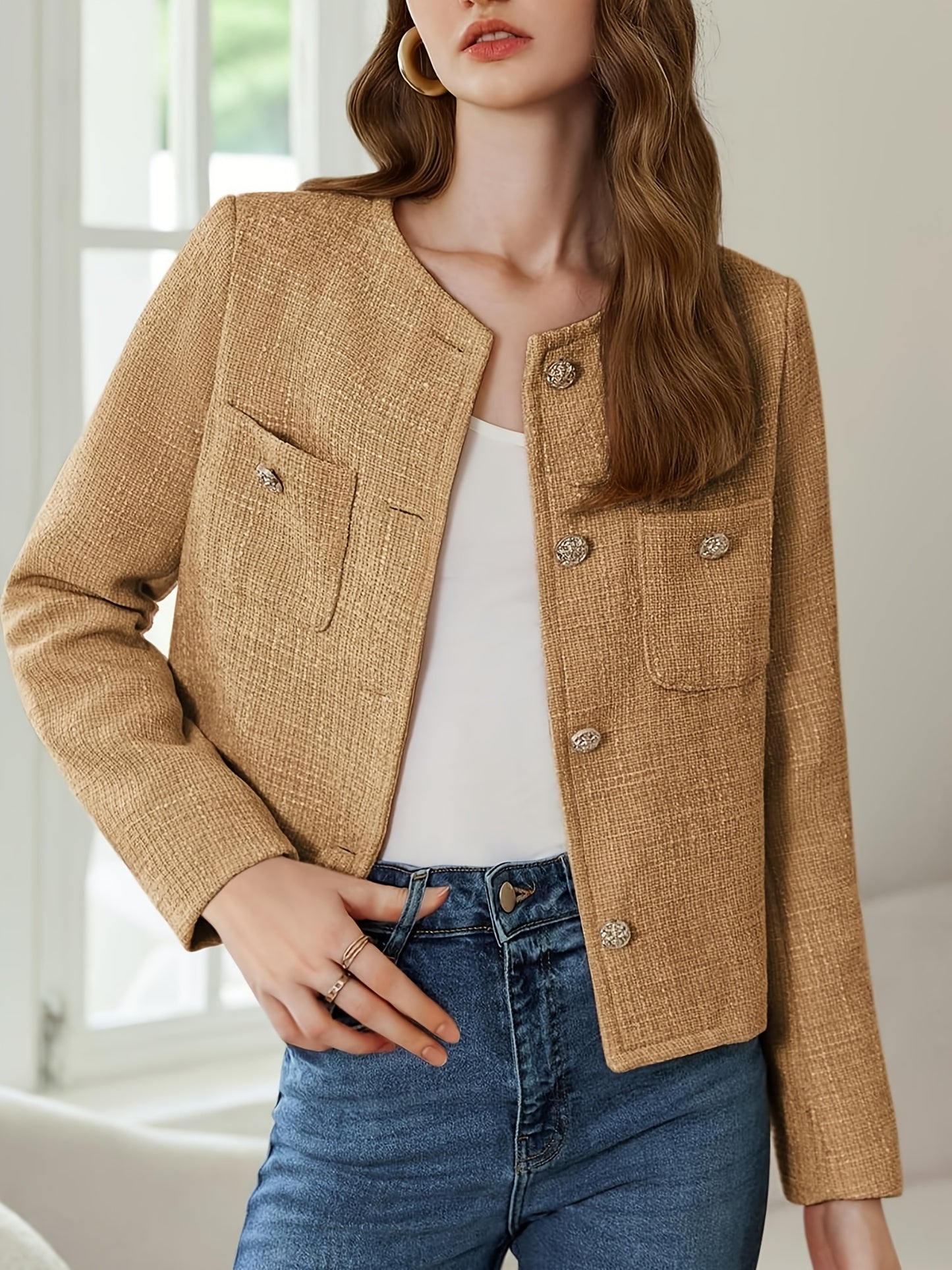 [Office Ready] Women's Elegant Purple Tweed Jacket - Long Sleeve Button Cropped Blazer with Pockets, Soft Polyester Fabric, Perfect for Fall/Winter Business Casual Style, Business Casual Wear | Buttonup Jacket | Textured Twee