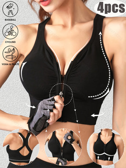 4pcs Women'S Front-Zip Wireless Bras with Removable Pads - No Underwire, X-Back Closure, Medium Support, Front Zipper Closure for Easy On/Off - Gym, Yoga, Everyday Bras - Durable Sports Bras for Women - Compatible with Workou