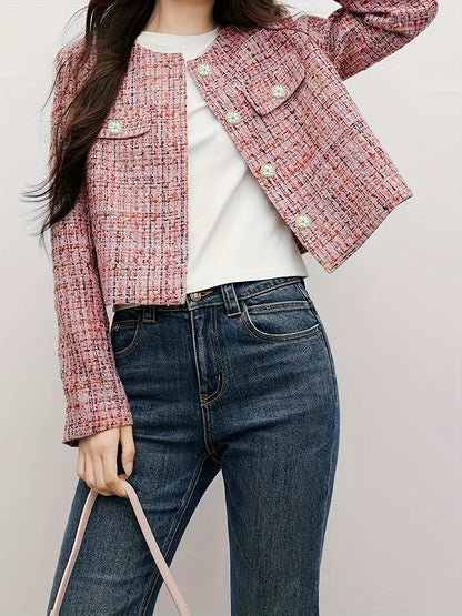 Women's Elegant Thickened Tweed Cardigan Jacket - Floral Pattern Plaid in Red, Pink, White & Brown, Loose Fit Short Length Long Sleeve Coat with Round Neck & Single-Breasted Button Front, All-Season Casual Outerwear for Every