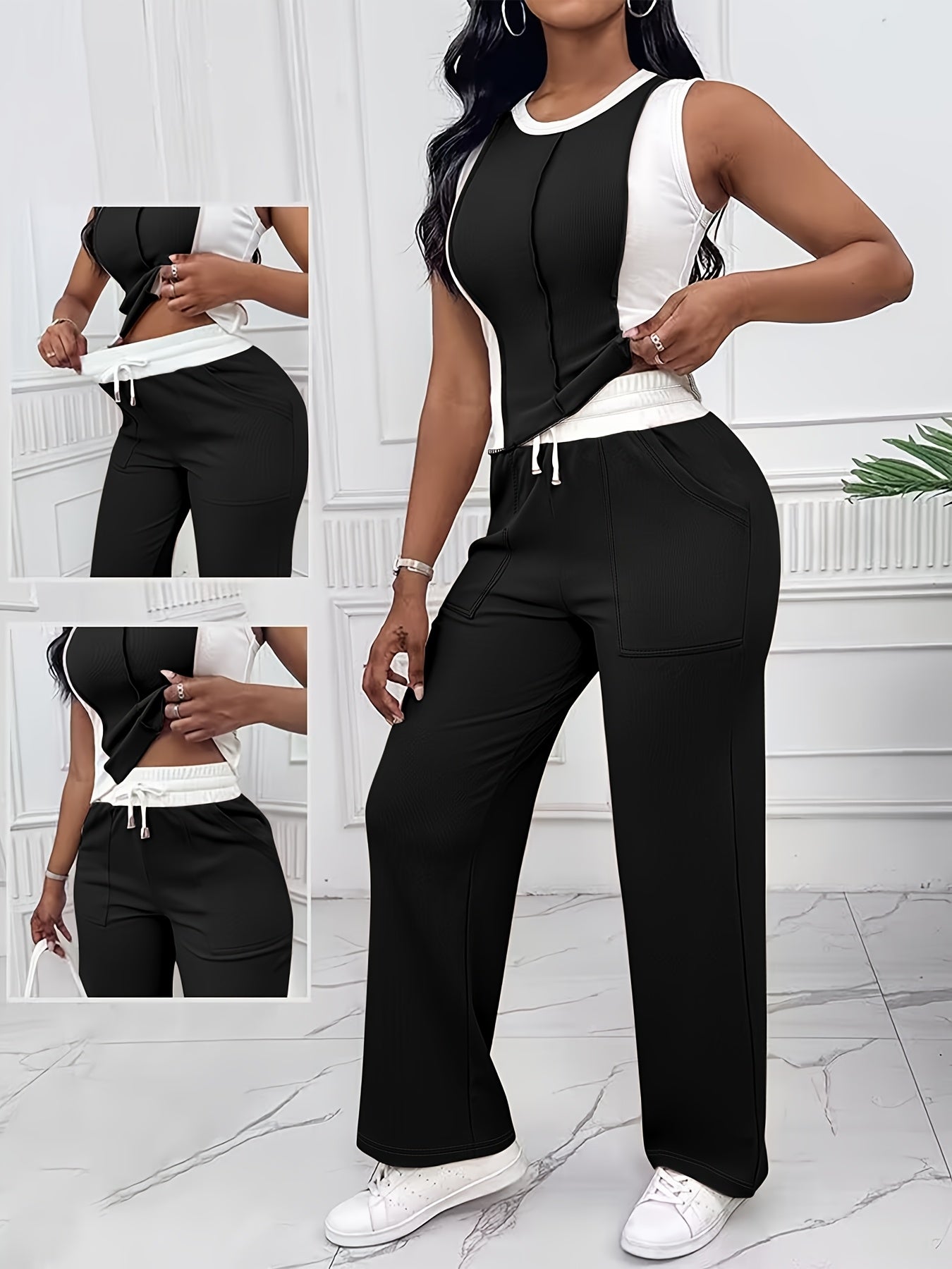 Casual Color Block Pantsuit – Drawstring Waist Set