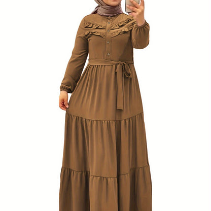[Light Green Maxi Dress] Casual Light Green Polyester Maxi Dress - Elegant Solid Color with Ruffle Hem & Button Detail, Machine Washable - Hijab Not Included