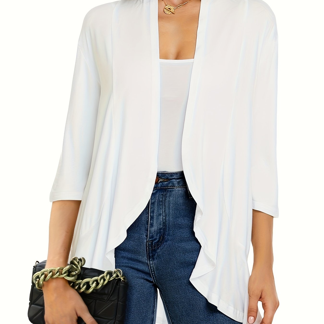 [Lightweight Ruffled Cardigan] Lightweight Women's Light Pink Ruffled Cardigan | Casual Open Front Sweater with Asymmetrical Hem, Long Sleeves, and Button Details for Fall & Winter